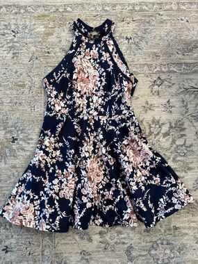 Navy & Pink Floral Halter Dress
